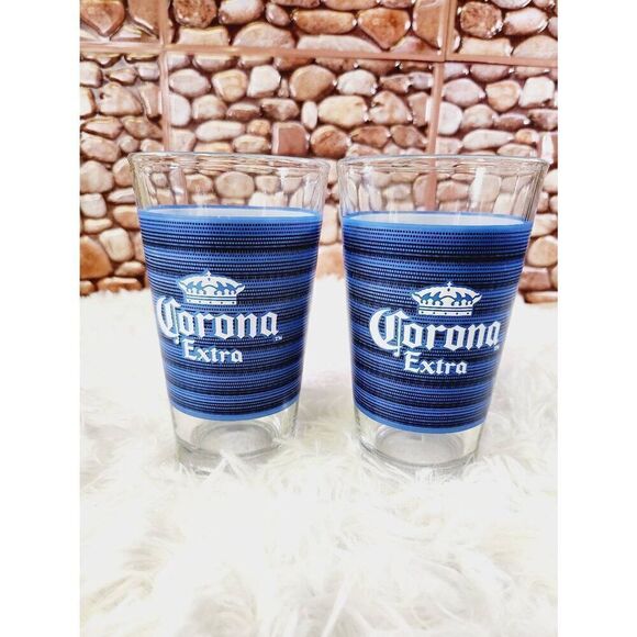 CORONA EXTRA BLUE STRIPE PUB BEER GLASSES - Pair - 16oz - Picture 2 of 6